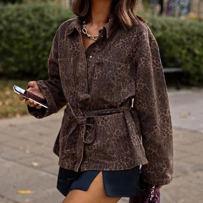 Animal Print Collar Belted Jacket