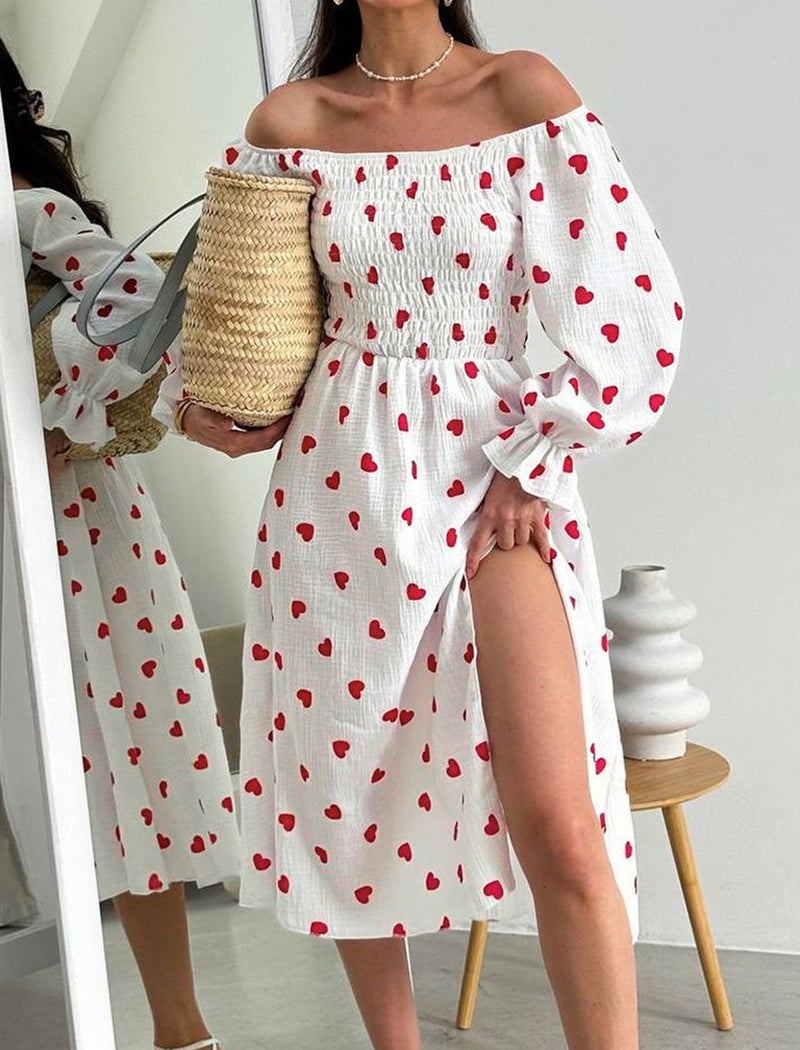 Heart Print Slit Long Sleeve Nightgown