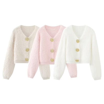 Button-Front Fuzzy Knit Cardigan