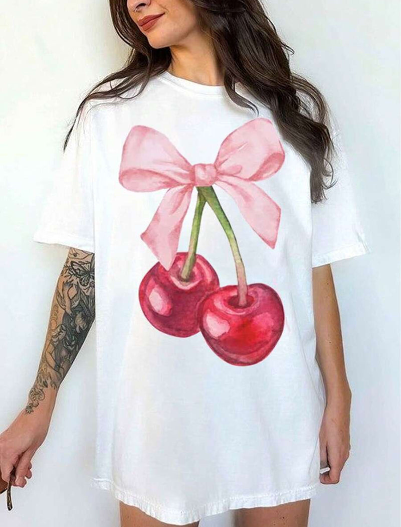 Cherry Bow Graphic Oversized T-Shirt