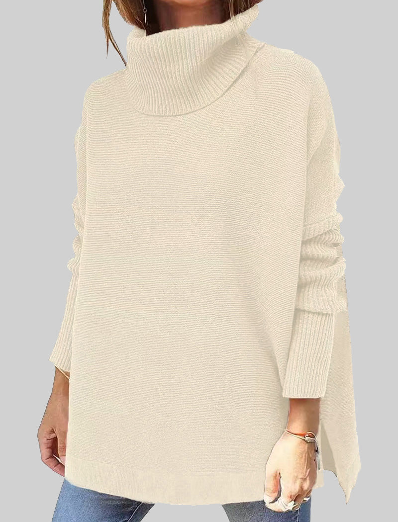 High Neck Batwing Sleeve Slit Hem Waist-Tie Sweater