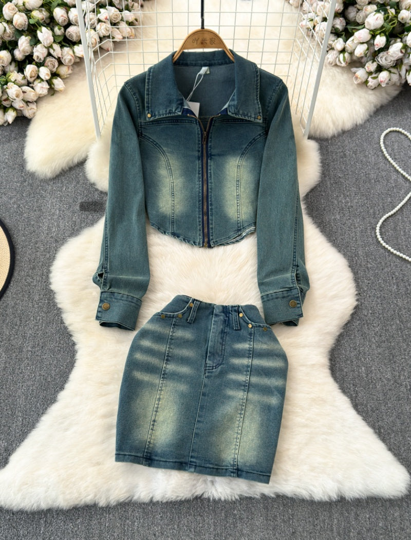 Collared Denim Jacket and Skirt Set