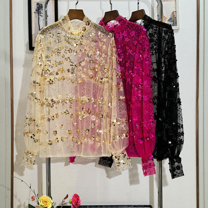 Sequin Sheer Long-Sleeve Top