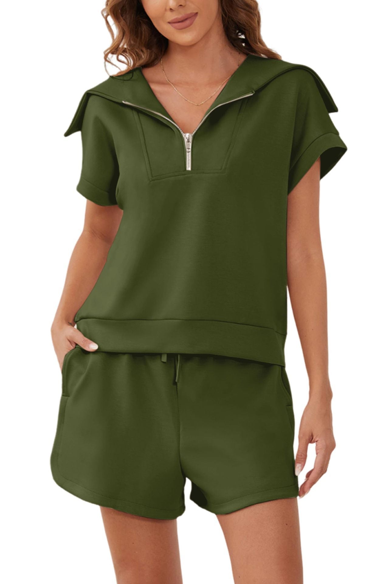 Zip-Up Collar Top and Shorts Set