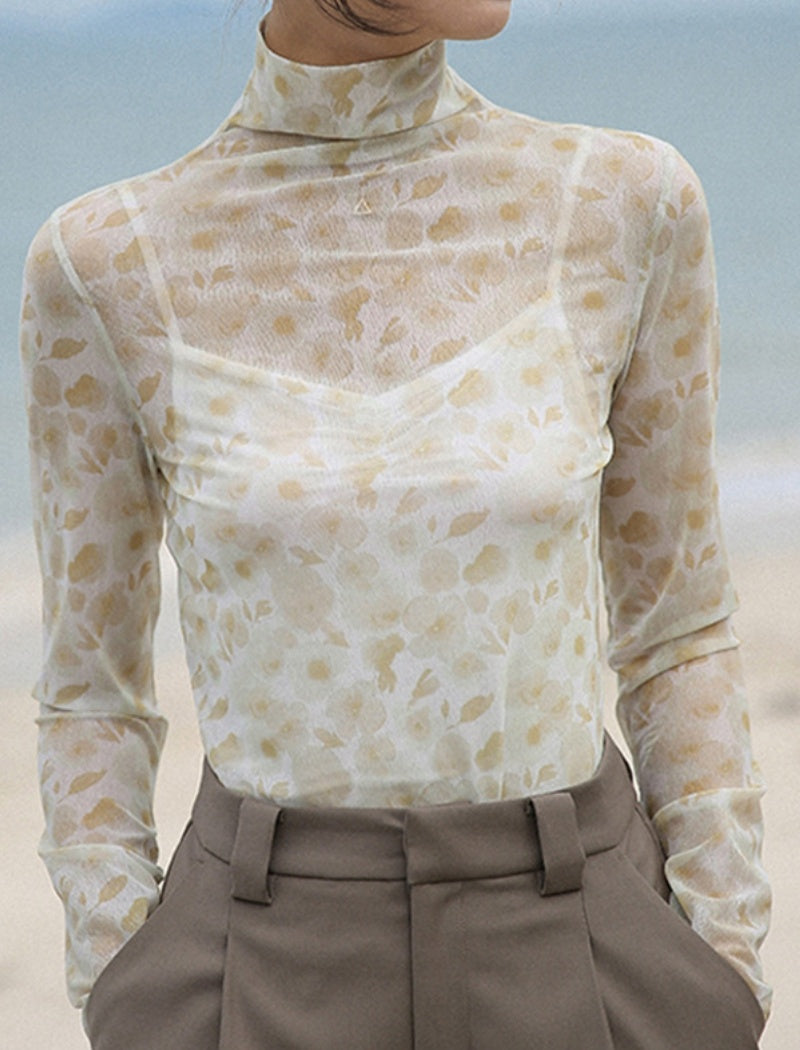 Semi-High Neck Printed Gradient Long Sleeve T-Shirt