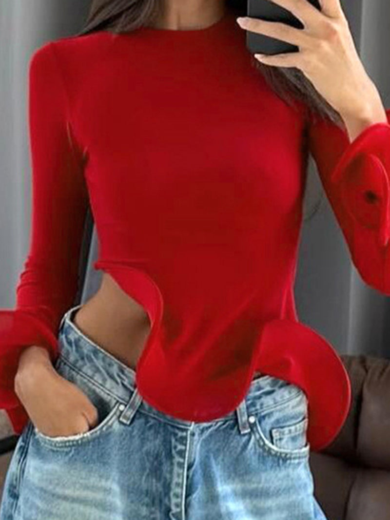 Solid Ruffled Long Sleeve Crop Top