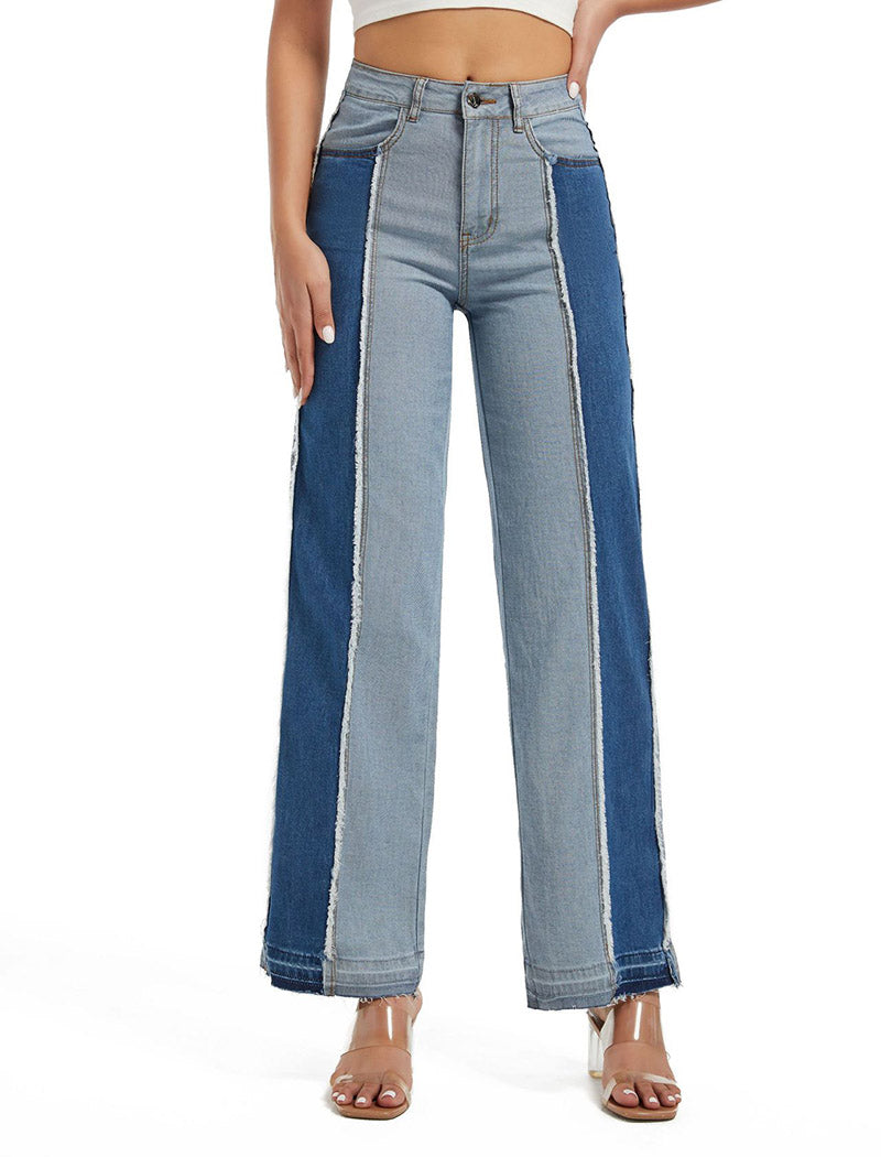 Two-Tone Wide-Leg Jeans with Seam Detailing