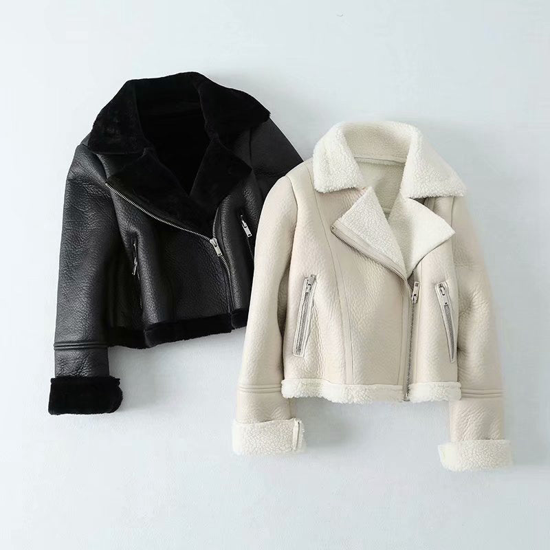 Faux Shearling Collared Moto Jacket