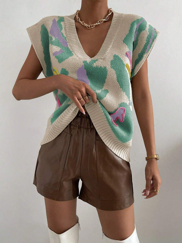 Abstract Print V-Neck Ribbed Vest