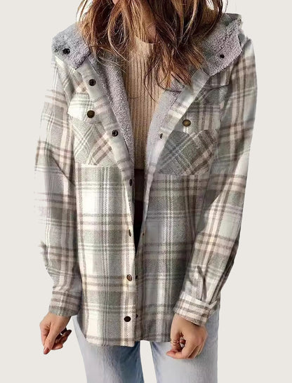 Hooded Plaid Shacket with Pocket Detail