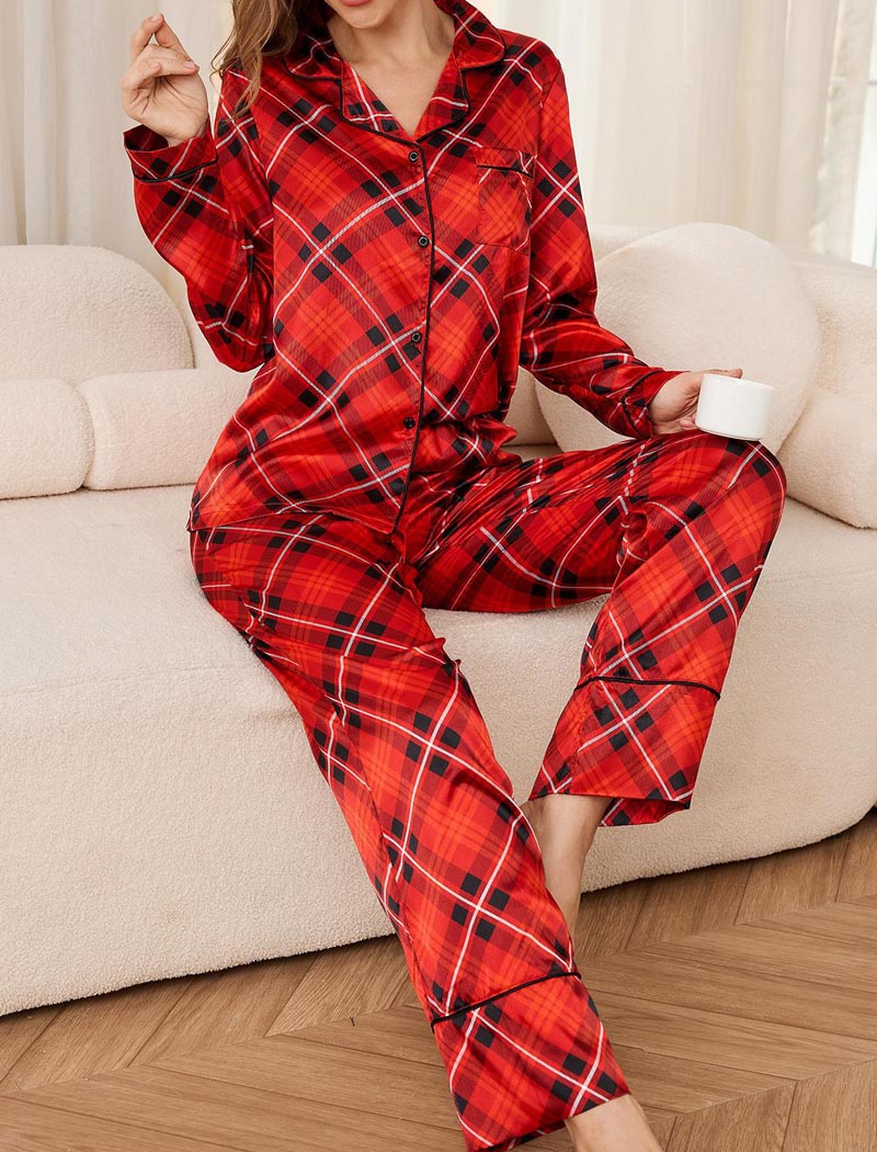 Plaid Long-Sleeve Top and Pants Pajama Set