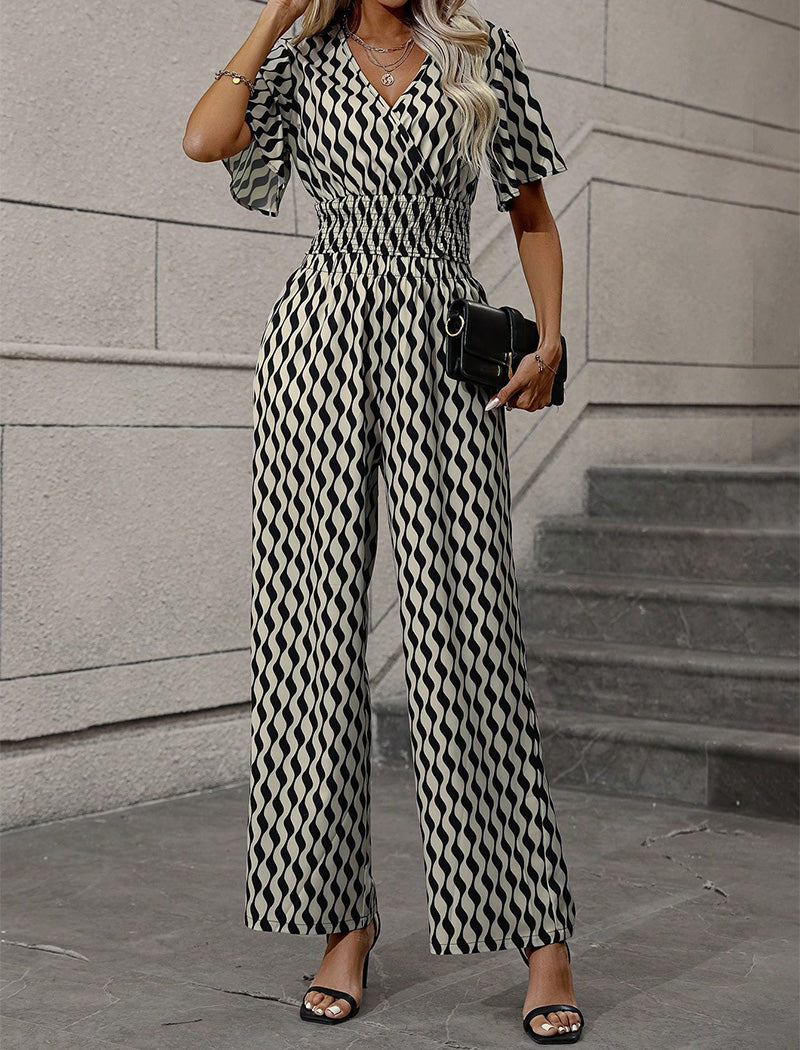 Wave Smocked V-Neck Top and Wide-Leg Pants Set