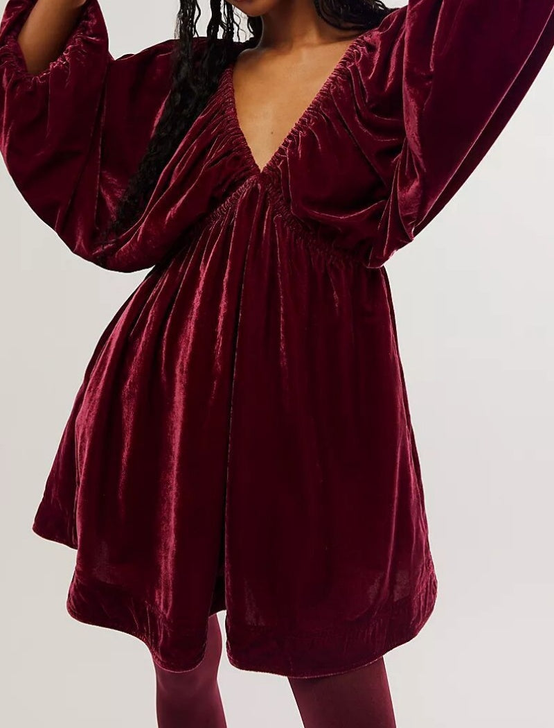 Velvet Mini Dress with Deep V-Neck and Balloon Sleeves