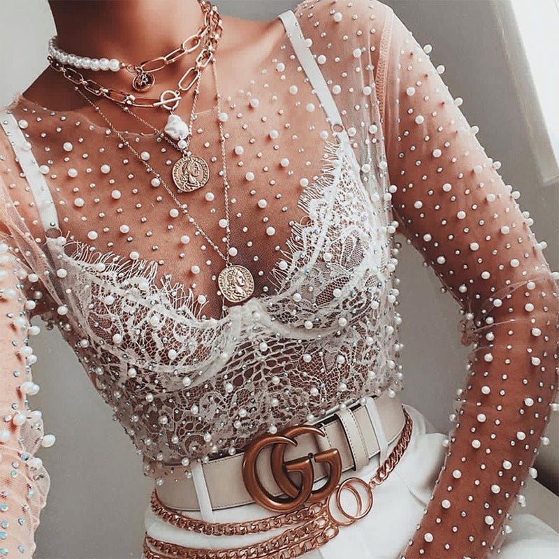 Sheer Mesh Pearl Crop Top