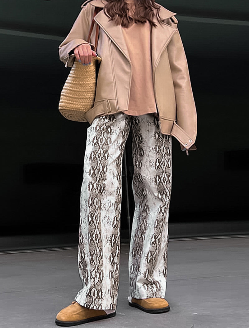 Snake Print Straight-Leg Stretch High-Waisted Pants