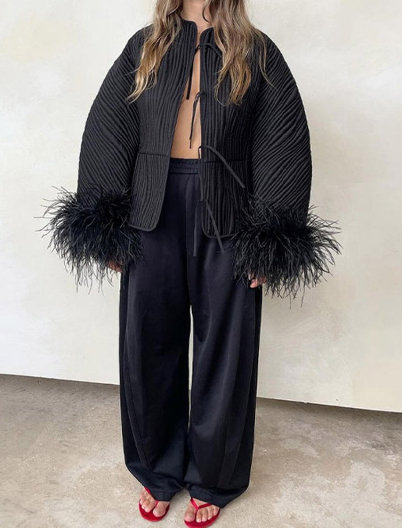 Black Tie-up Feather Jacket