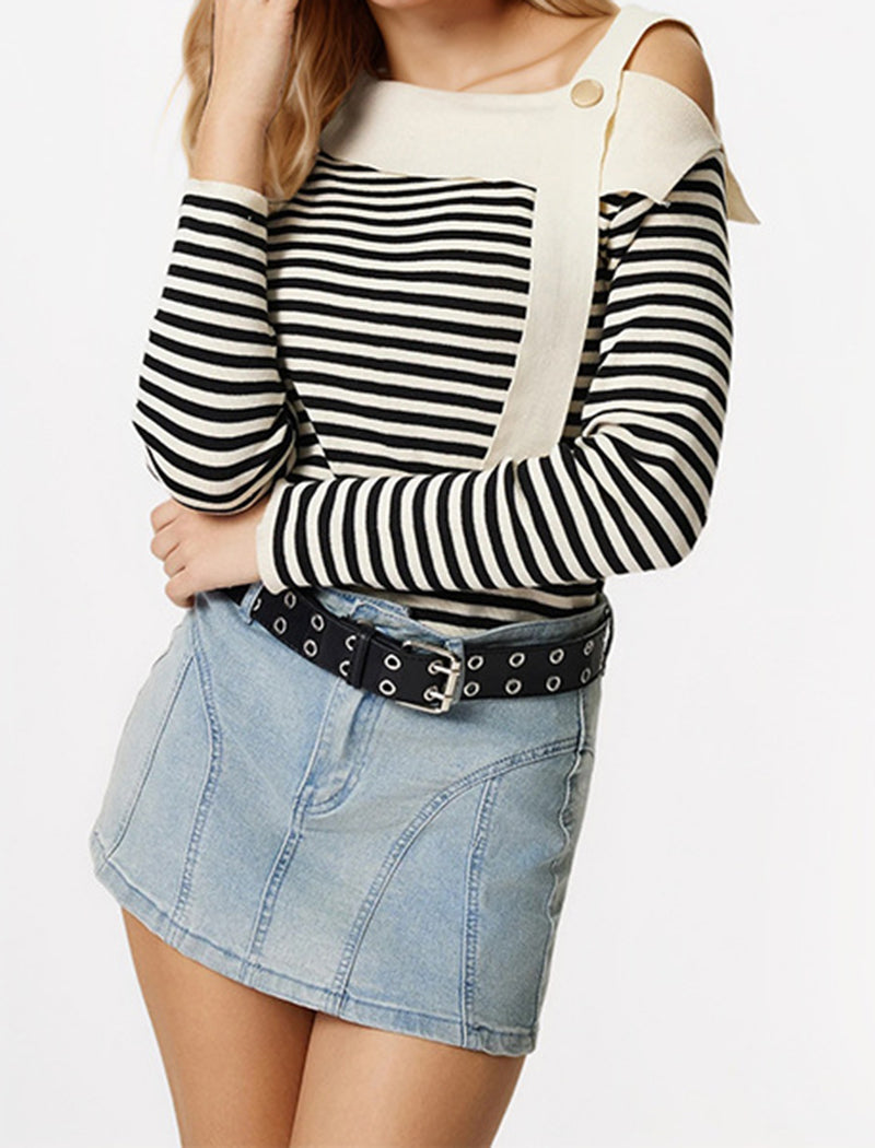 Black and White Striped Off-Shoulder Long Sleeve Top