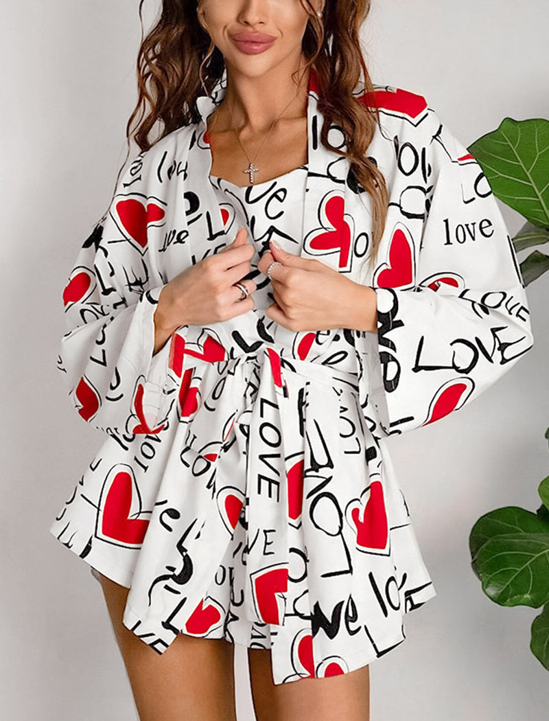 Heart Print Camisole and Shorts and Cover-Up Set