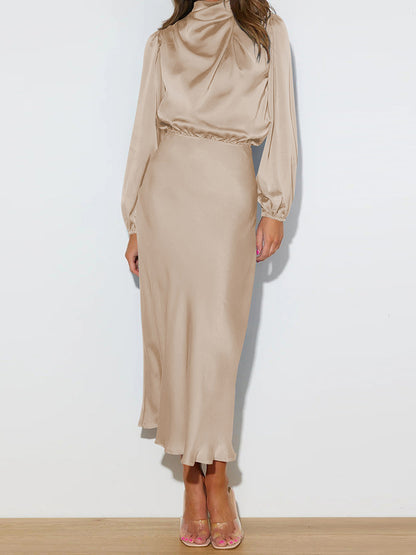 High-Neck Long-Sleeve Midi Dress