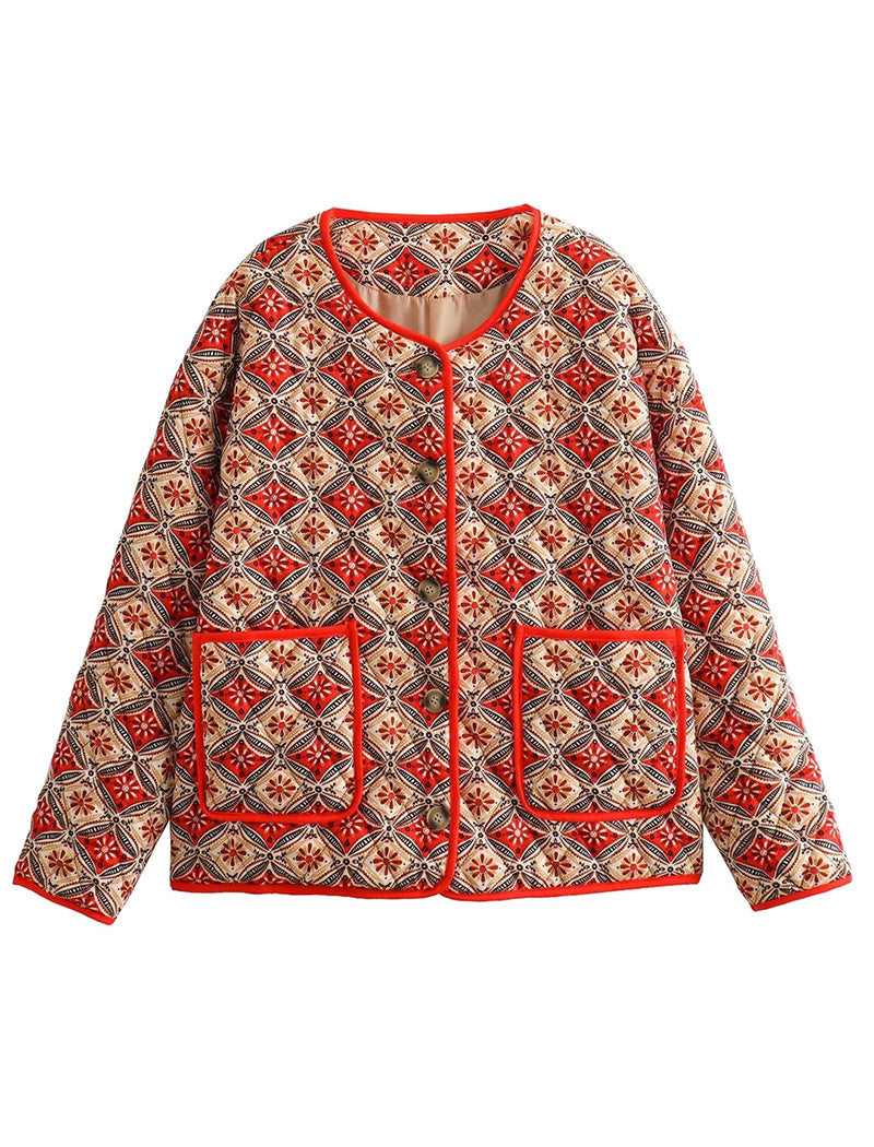 Button-Detail Floral Crewneck Cardigan