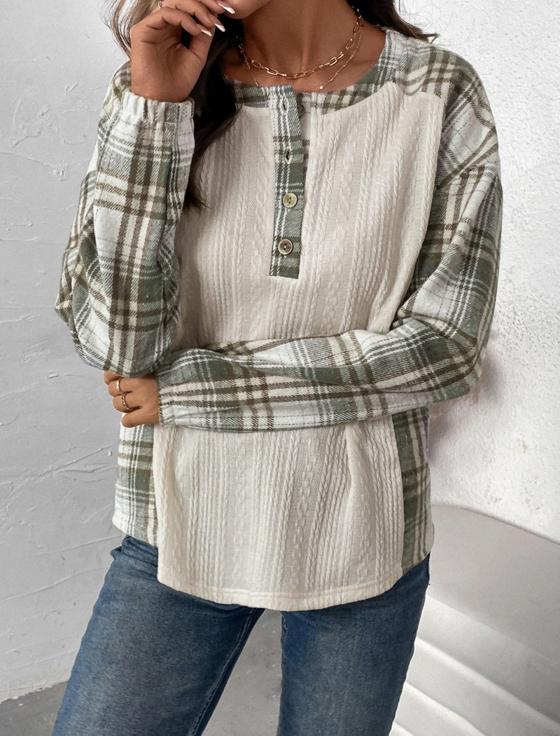 Plaid Sleeve Henley Top