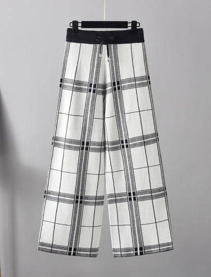 Grid Print Wide-Leg Pants