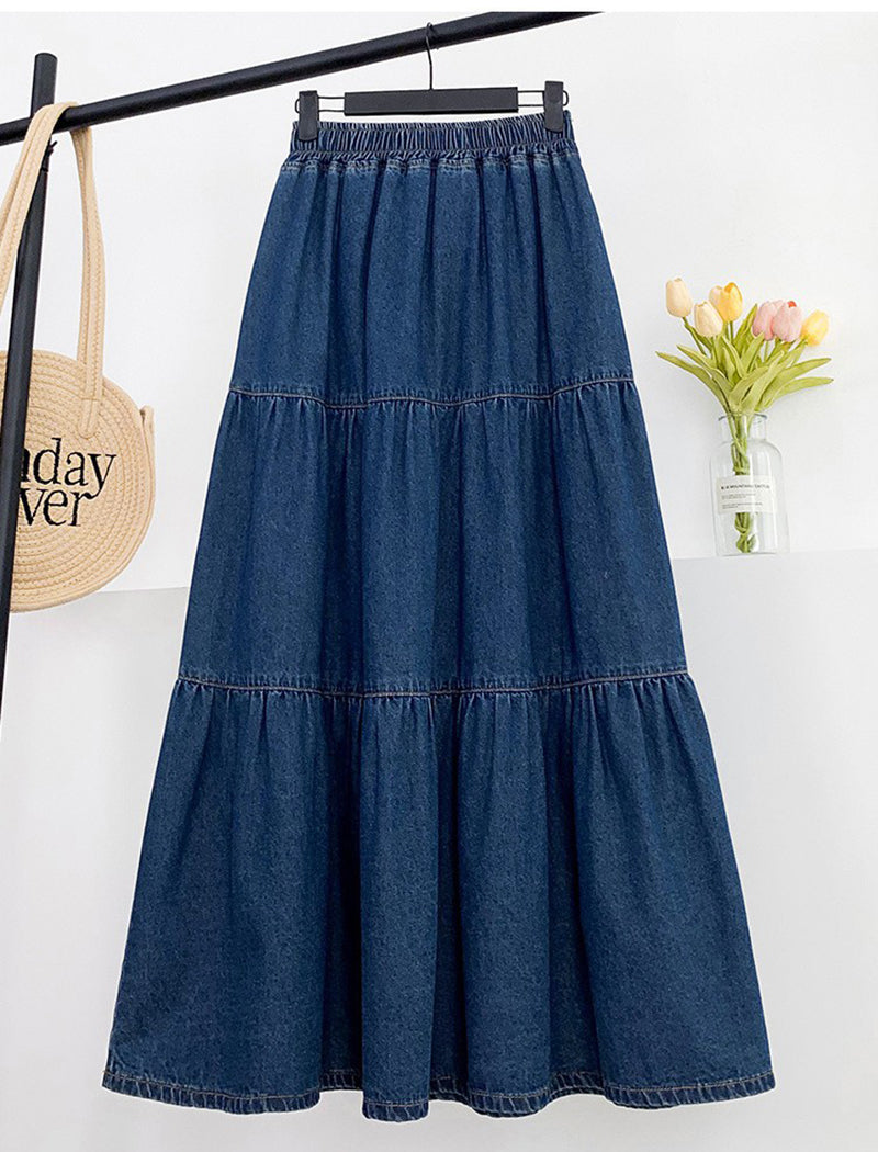 Plus Size Denim High Waisted Midi Skirt