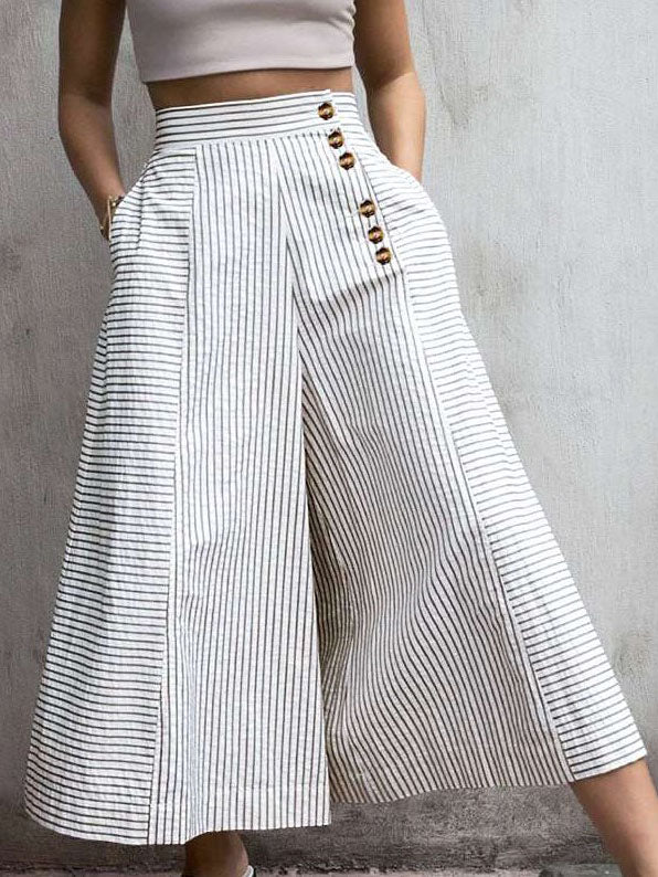 Button-Detail Striped Pants