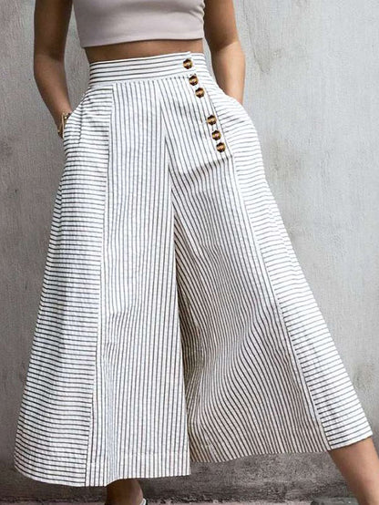 Button-Detail Striped Pants