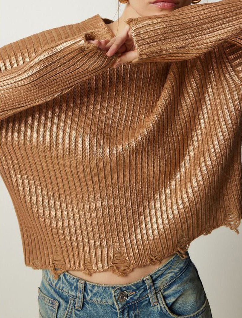 Solid Silver Foil Knit Sweater