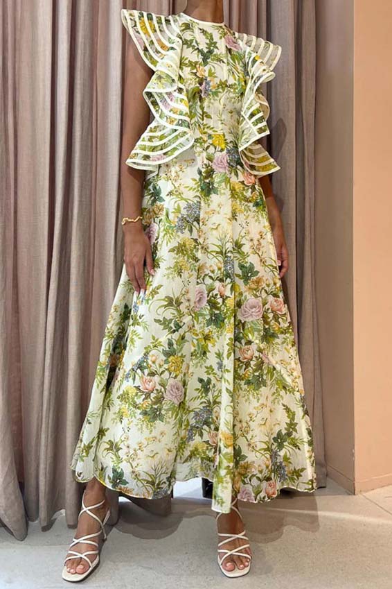 Floral Print Ruffle Sleeve Maxi Dress