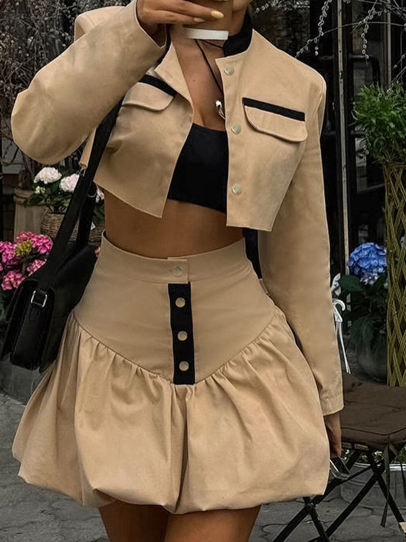 Buttoned Cropped Jacket and Skirt Set