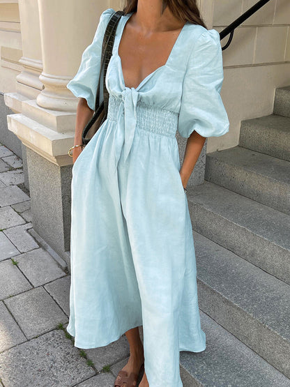 Puff Sleeve Tie-Front Dress