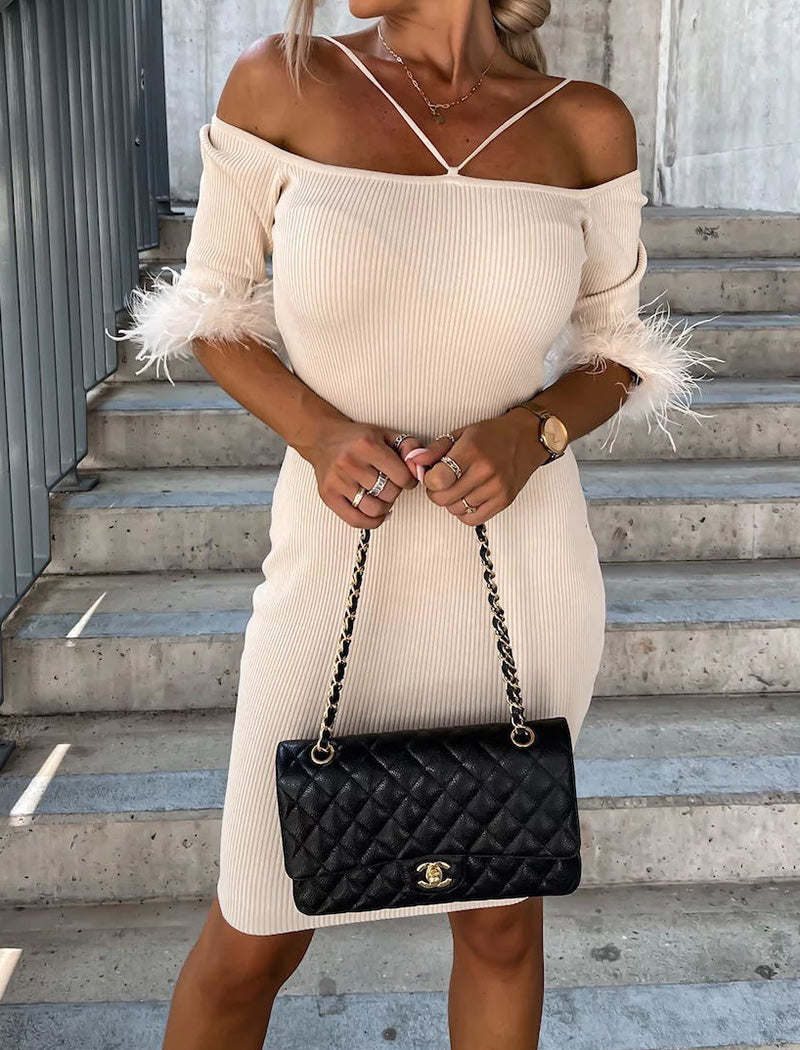 Off-Shoulder Feathered Bodycon Dress