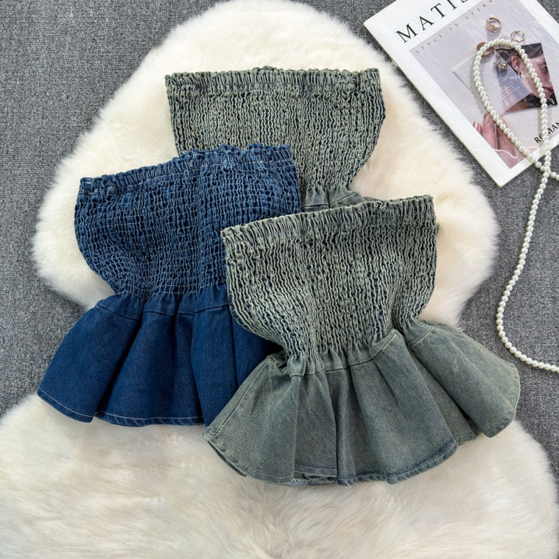 Smocked Denim Tube Top with Peplum Hem