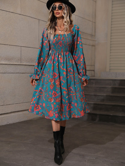 Floral Print Smocked Midi Dress