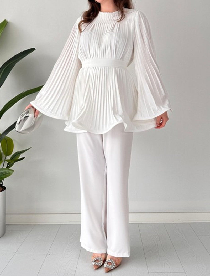 Pleated Bell Sleeve Top and Wide-Leg Pants Set