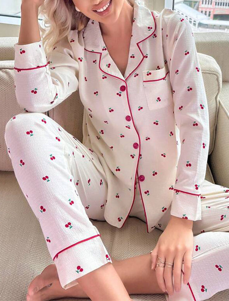 Cherry Print Top and Pants Lounge Pajamas Set