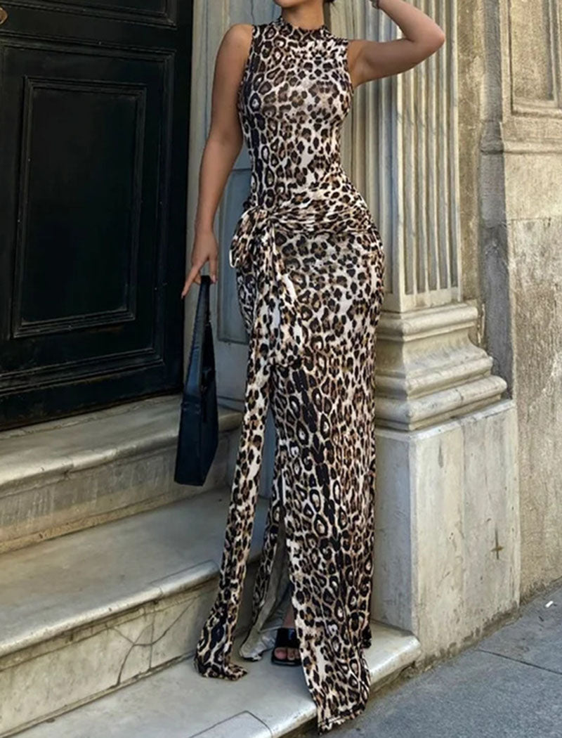 Sleeveless Leopard Print Maxi Dress