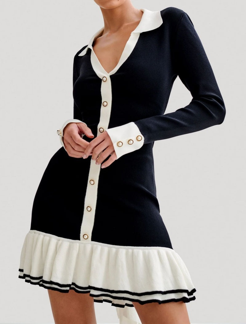 Button-Up Fit and Flare Contrast Knit Dress