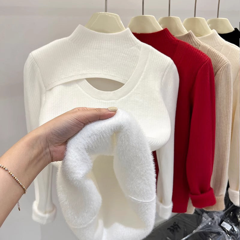 Fleece-Lined Mock Neck Cutout Sweater