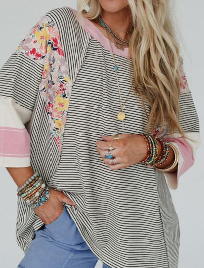 Striped Floral Panel Raglan Top