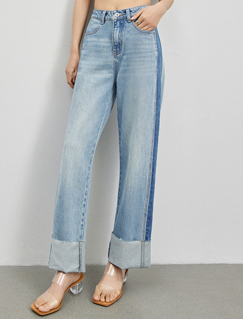 Colorblock Cuffed Wide-Leg Jeans