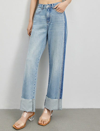 Colorblock Cuffed Wide-Leg Jeans