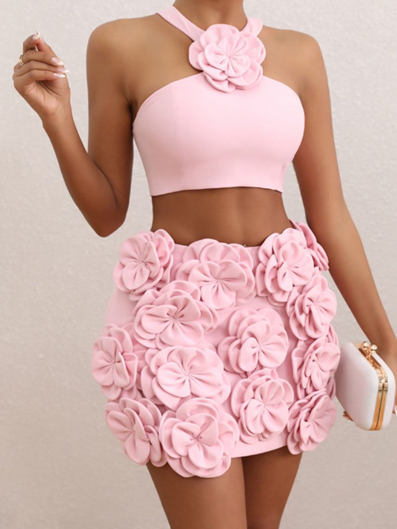 Rosette Halter Crop Top and Skirt Set