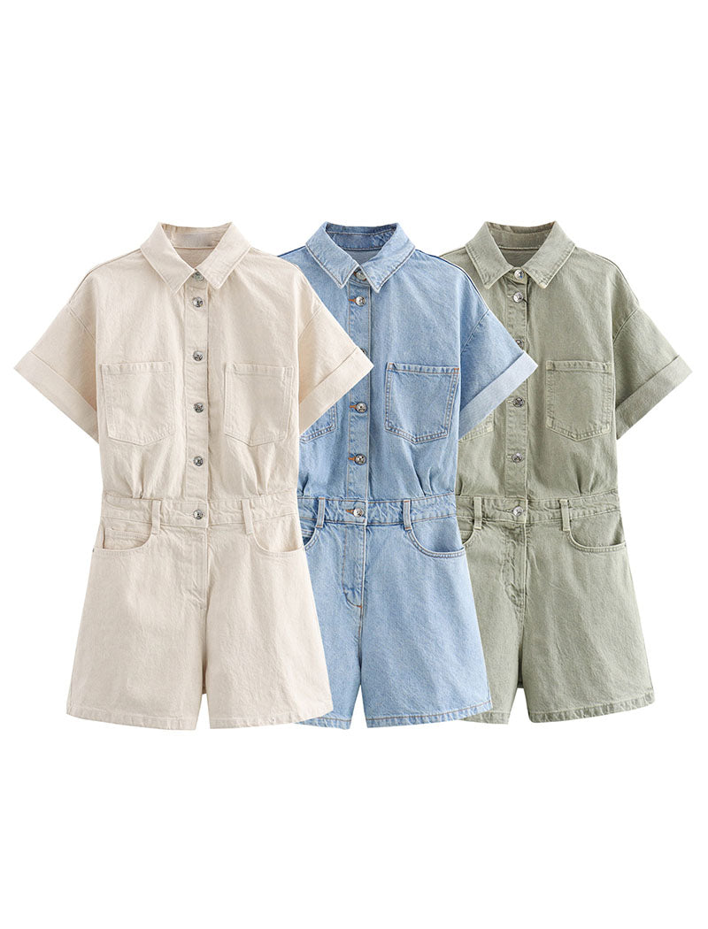 Collared Short Sleeve Denim Romper