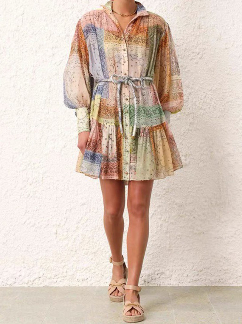 Boho Print Self-Tie Mini Dress