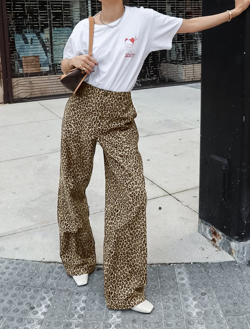 High-Rise Leopard Print Wide-Leg Trousers