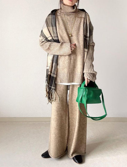 Loose High Neck Sweater and Knit Wide-Leg Pants Set