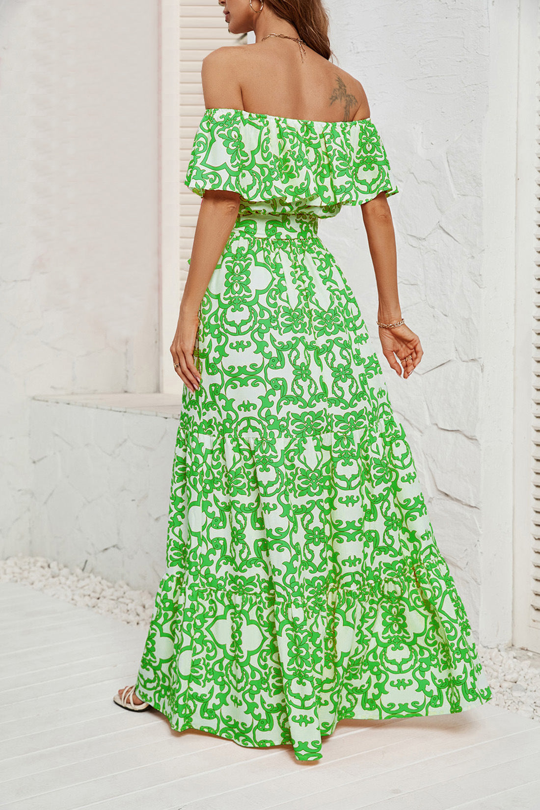 DVI407005D Off-Shoulder Belted Maxi Dress